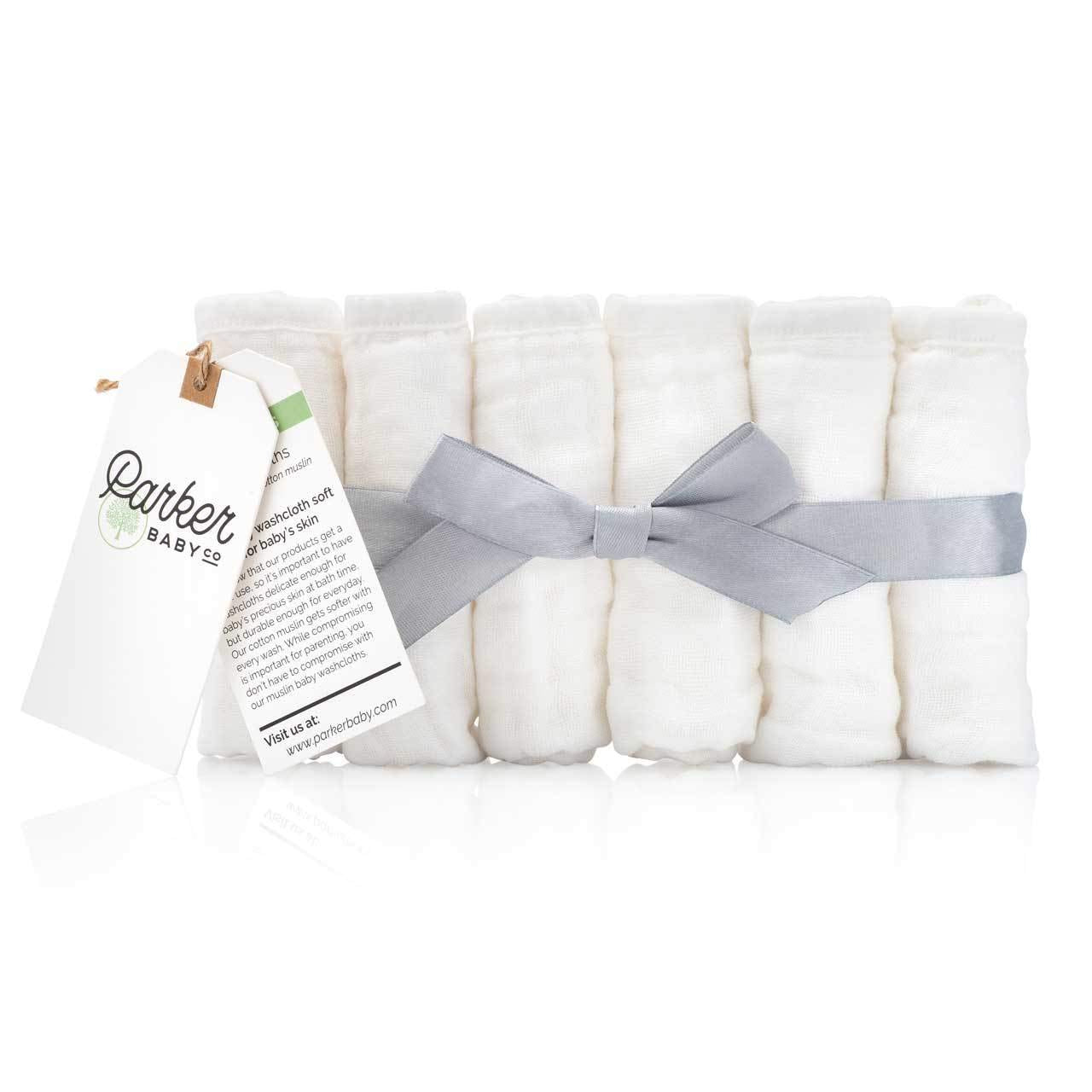 Parker Baby Washcloths six-pack muslin cotton absorbent for gentle newborn cleansing.