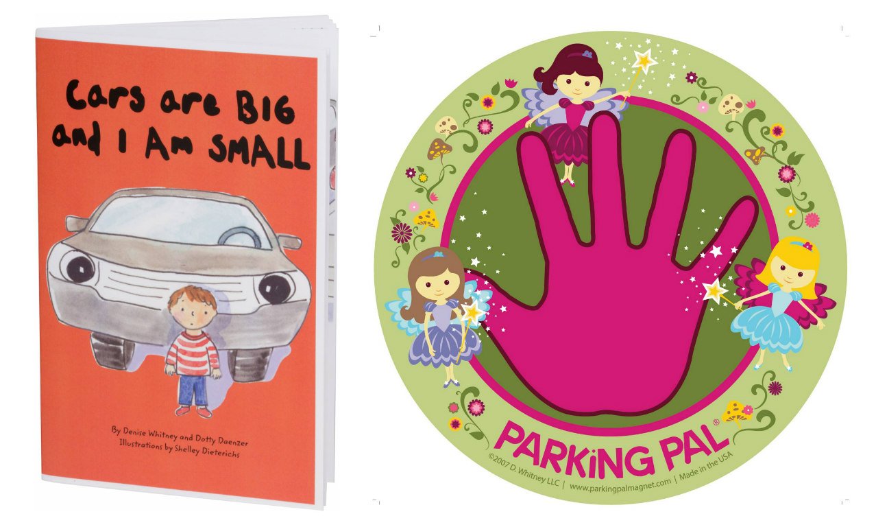 Parking Pal car magnet and safety book highlight a colorful parking-lot safety spot near vehicles