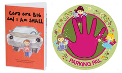 Parking Pal car magnet and safety book highlight a colorful parking-lot safety spot near vehicles