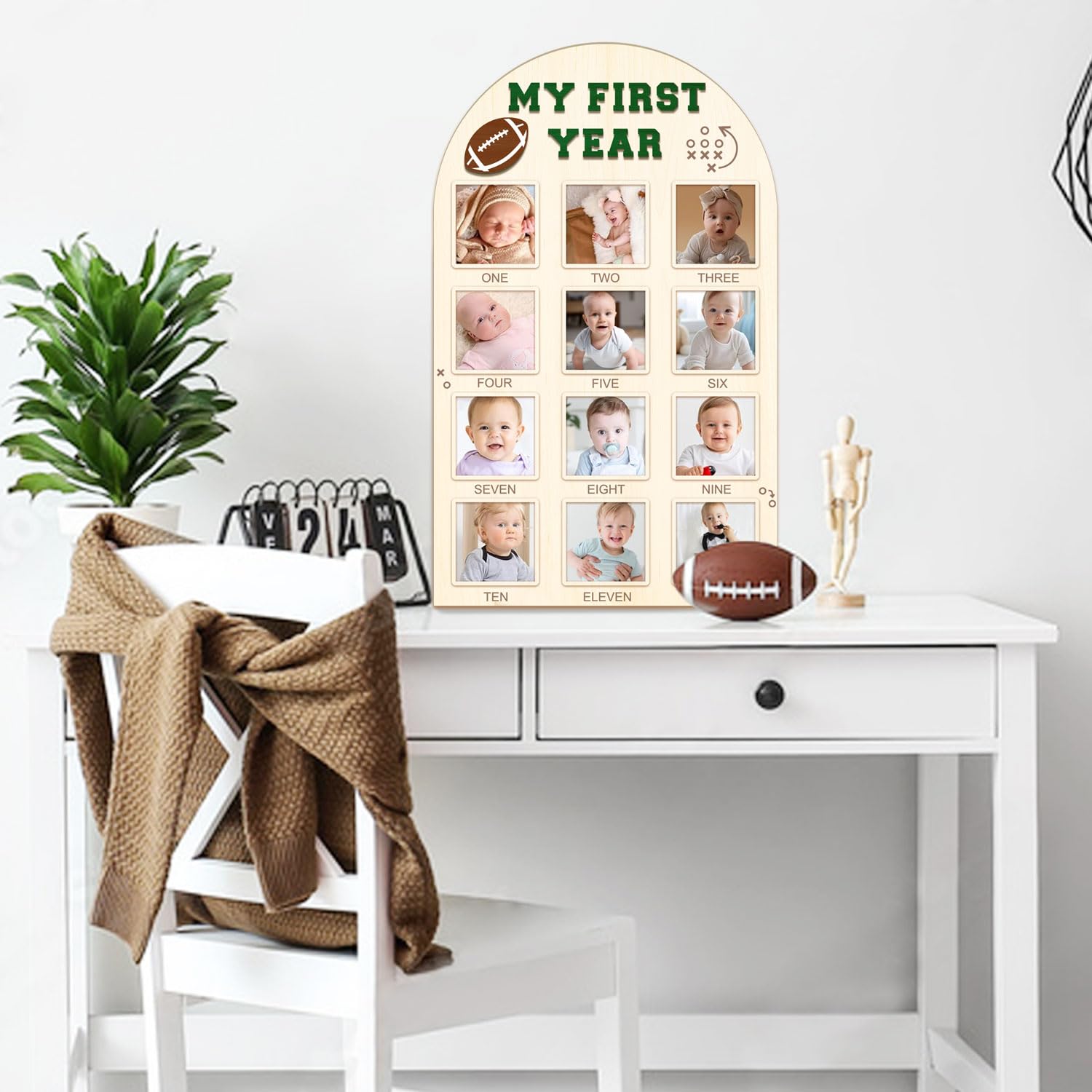 Partico My First Year Photo Board on a desk or shelf suits nursery decor.