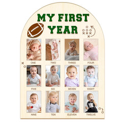 Partico My First Year Photo Board front view, with 2x3 inch photo slots for monthly milestones.