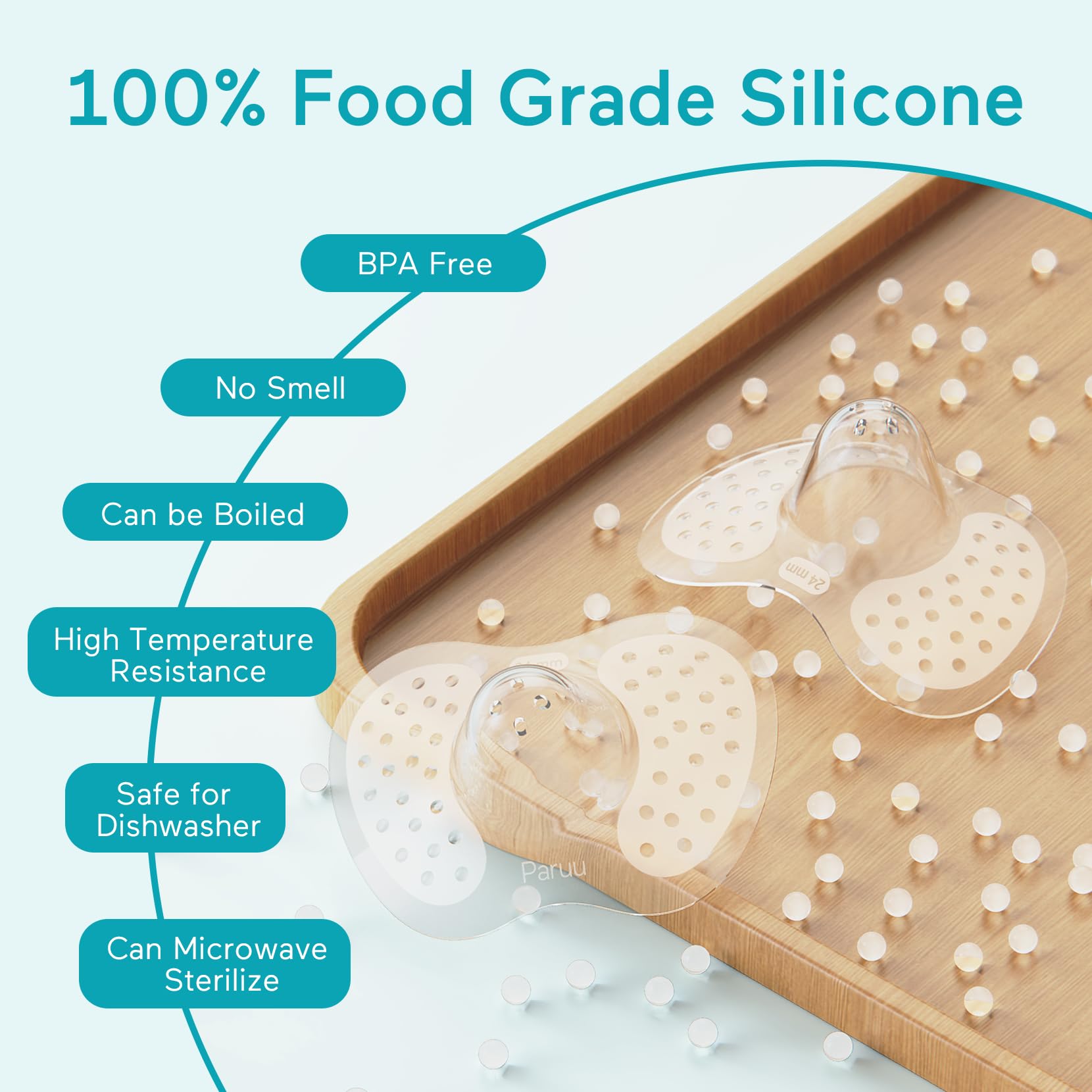 Paruu nipple shields feature 2mm milk-flow holes for smooth feeding.