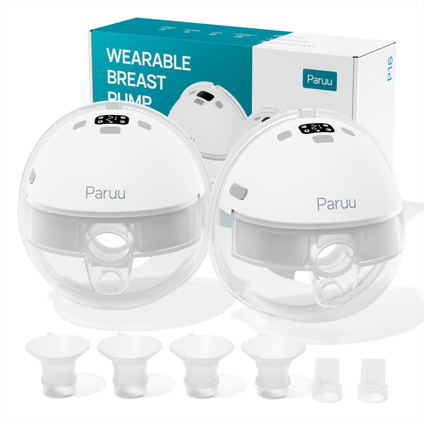 Paruu P16 wearable breast pump front view for hands-free pumping while multitasking.