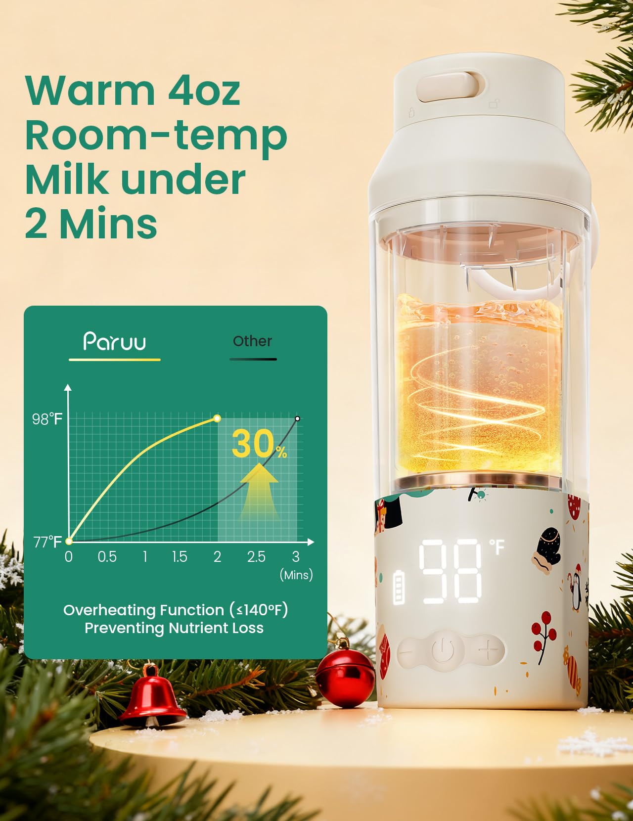 Paruu warmer in use with stroller clip for easy feeding on the go.