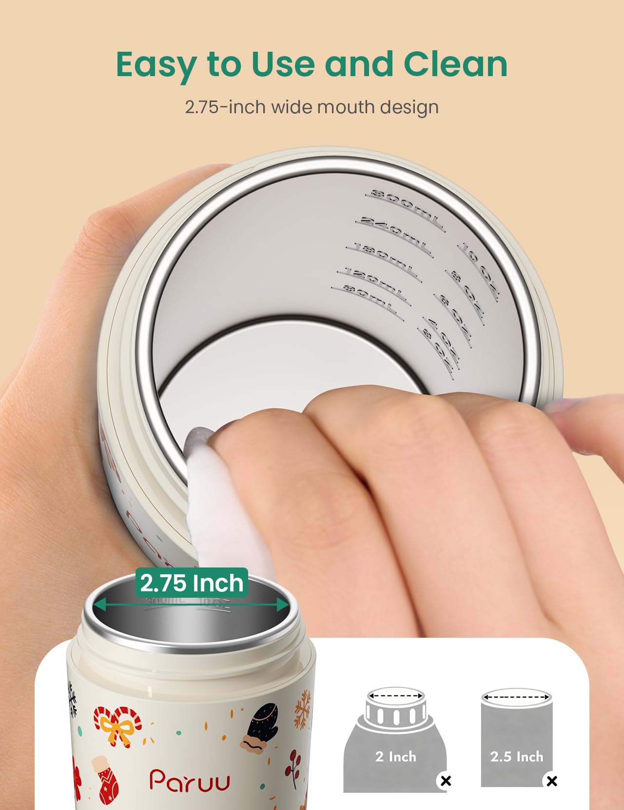 Paruu warmer wide-mouth opening, easy cleaning after feeding.