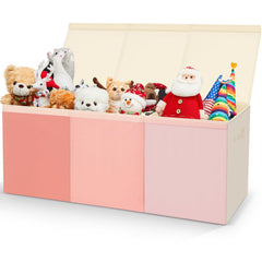 Patelai extra large pink toy box with three lids keeps toys organized and dust-free.