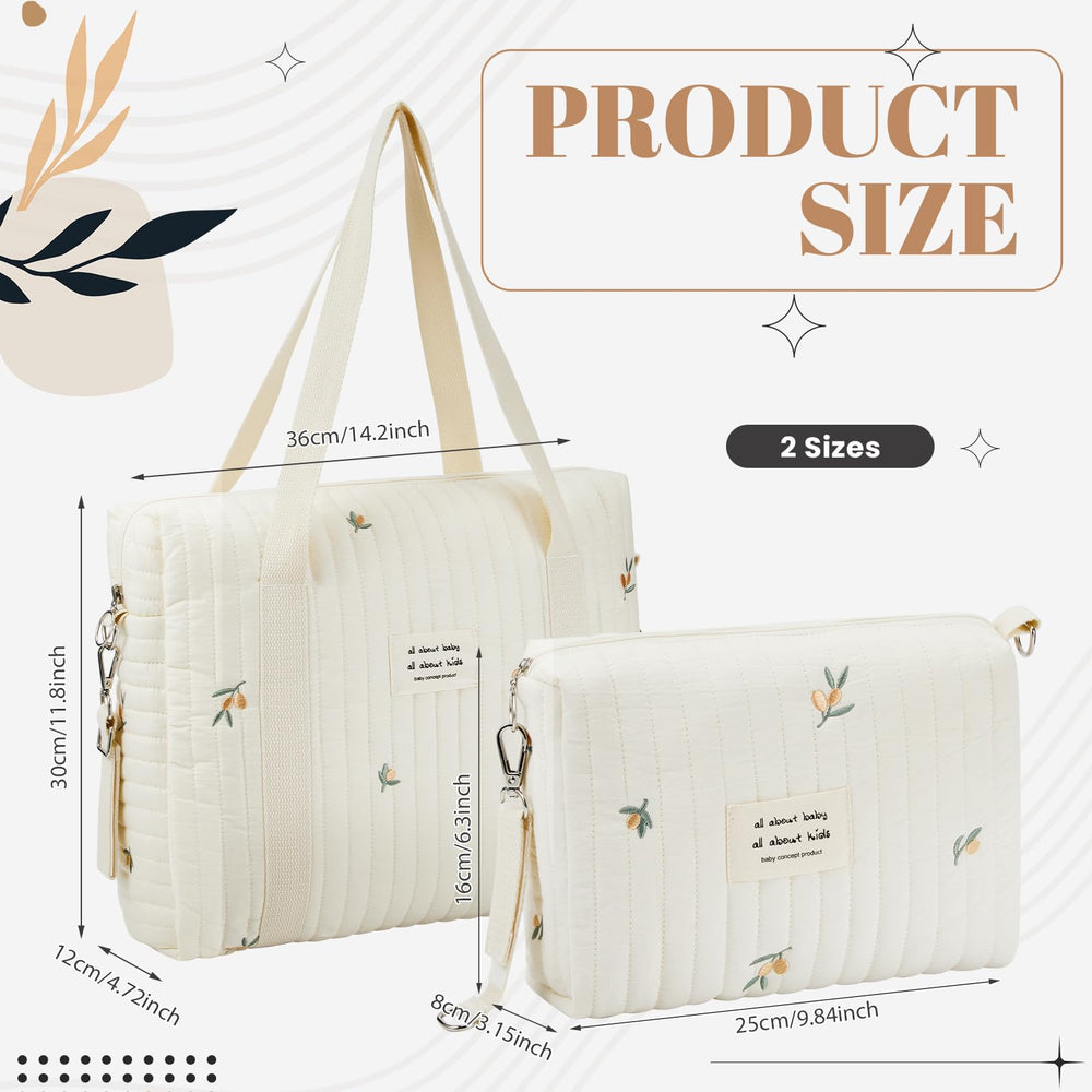 Paterr large quilted tote showing dimensions for organized travel.