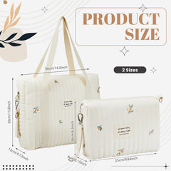 Paterr large quilted tote showing dimensions for organized travel.
