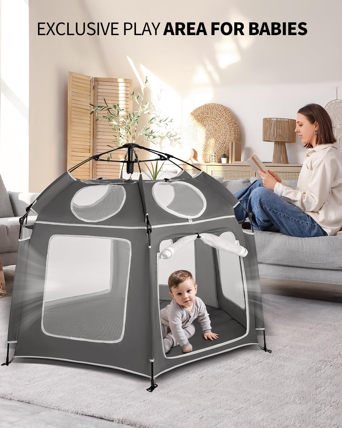 Patywaga breathable mesh walls provide visibility and airflow for baby comfort.
