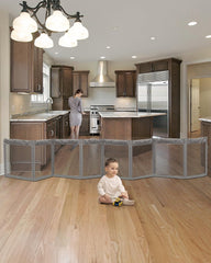 Patywaga Extra Wide Baby Gate with heat-resistant mesh covers a wide doorway for safety.