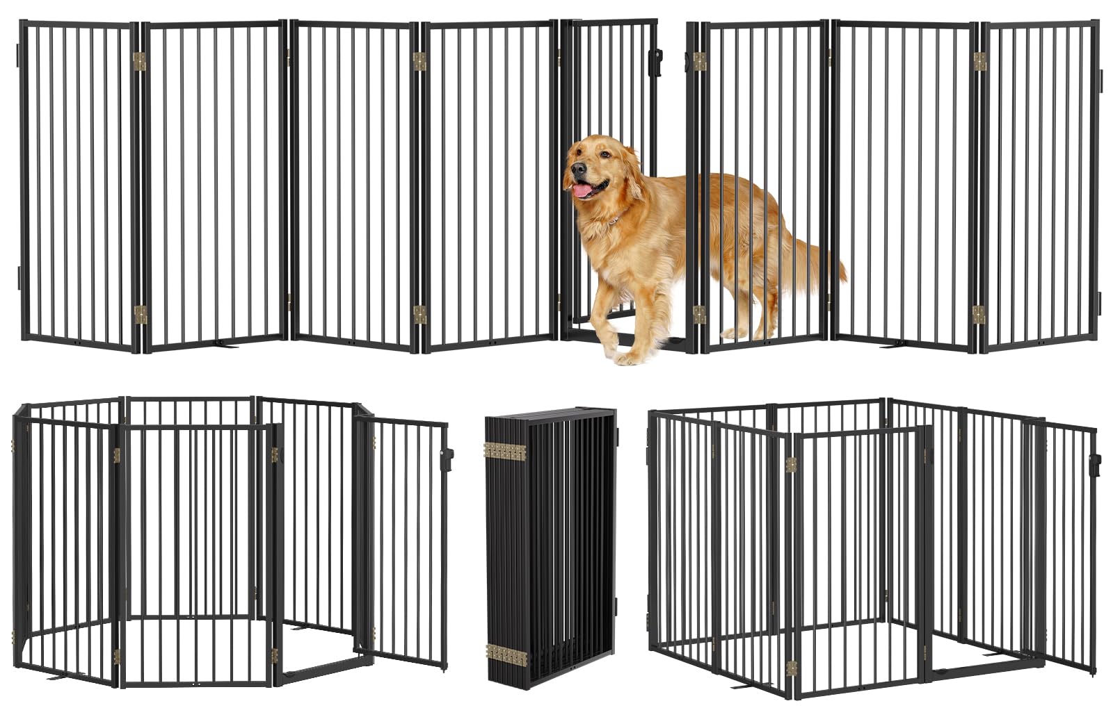 Paulmele dog gate front view in black, eight-panel design for wide doorway openings.