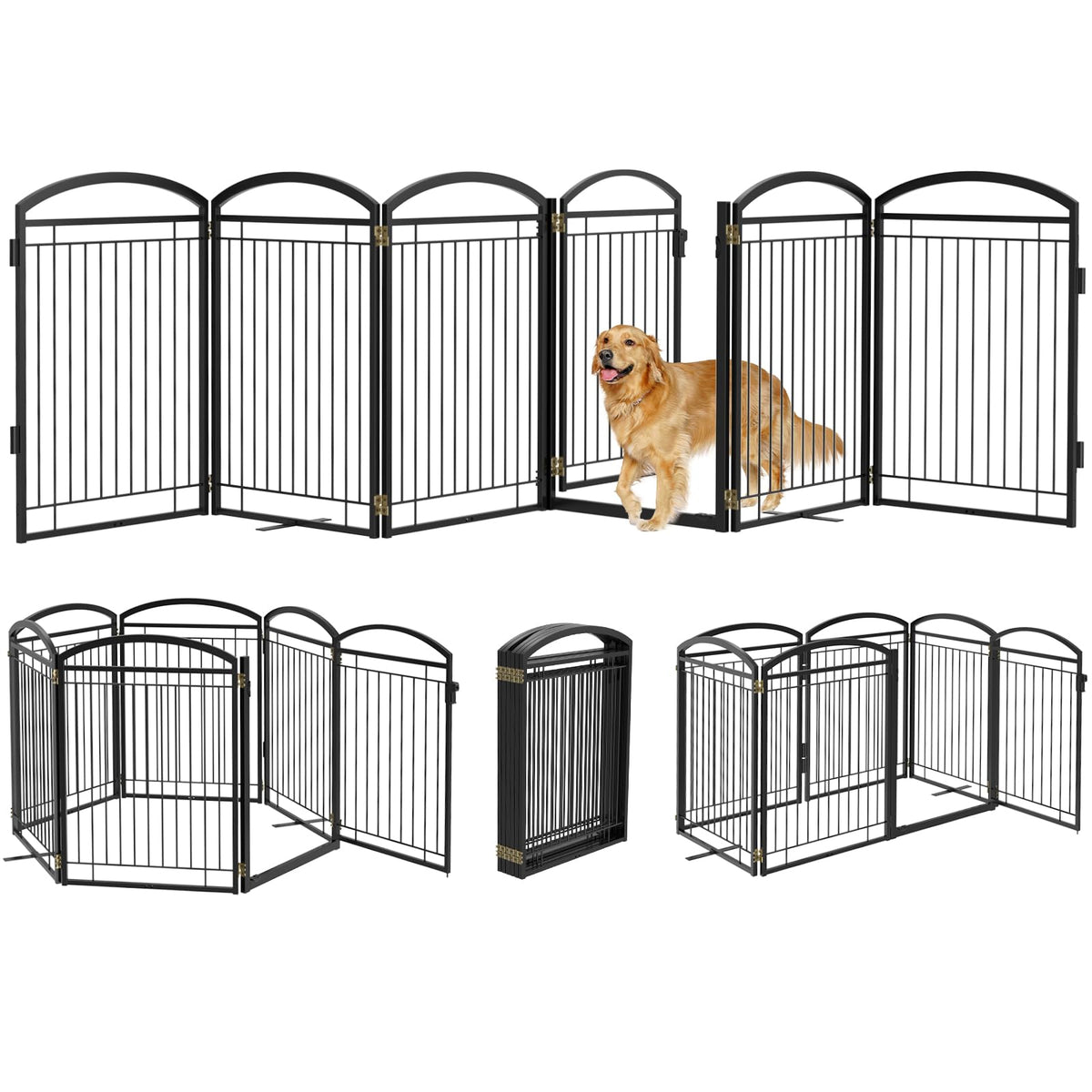 Paulmele full metal dog gate panels in a wide doorway for sturdy indoor/outdoor use.