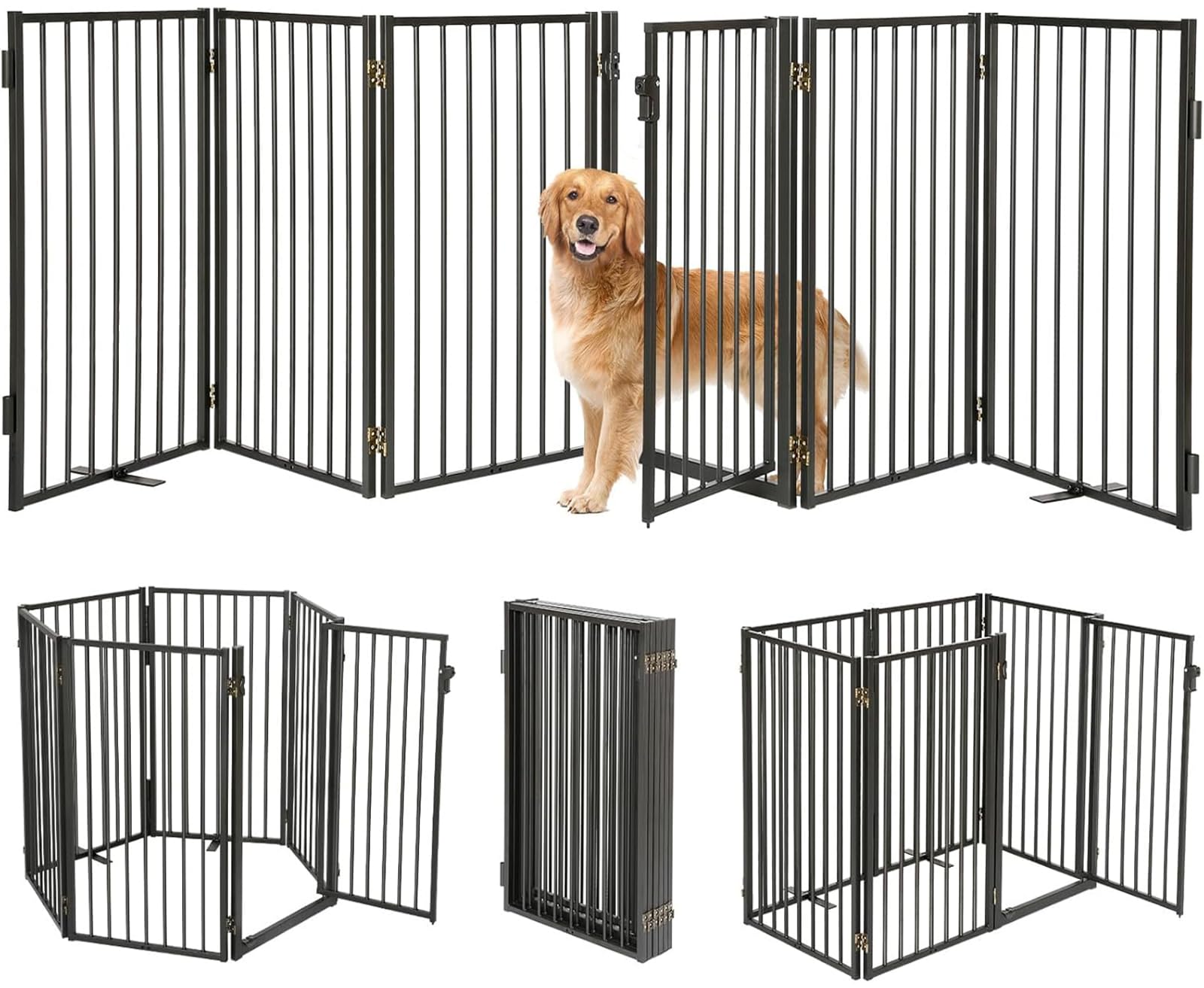 Paulmele metal freestanding dog gate with door closed, stable passage for pet and owner.