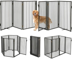 Paulmele metal freestanding dog gate with door closed, stable passage for pet and owner.