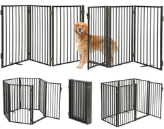 Paulmele metal freestanding dog gate with door for easy indoor-outdoor access and safe pet separation.