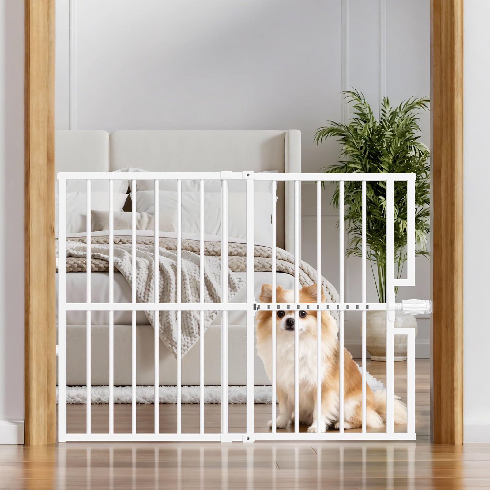 Paulmele quick-install dog gate lock shows tool-free setup for doorways in seconds.