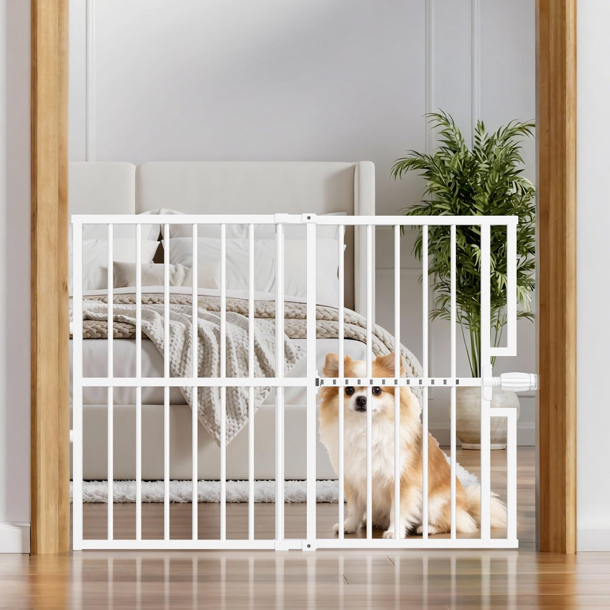 Paulmele quick-install dog gate lock shows tool-free setup for doorways in seconds.