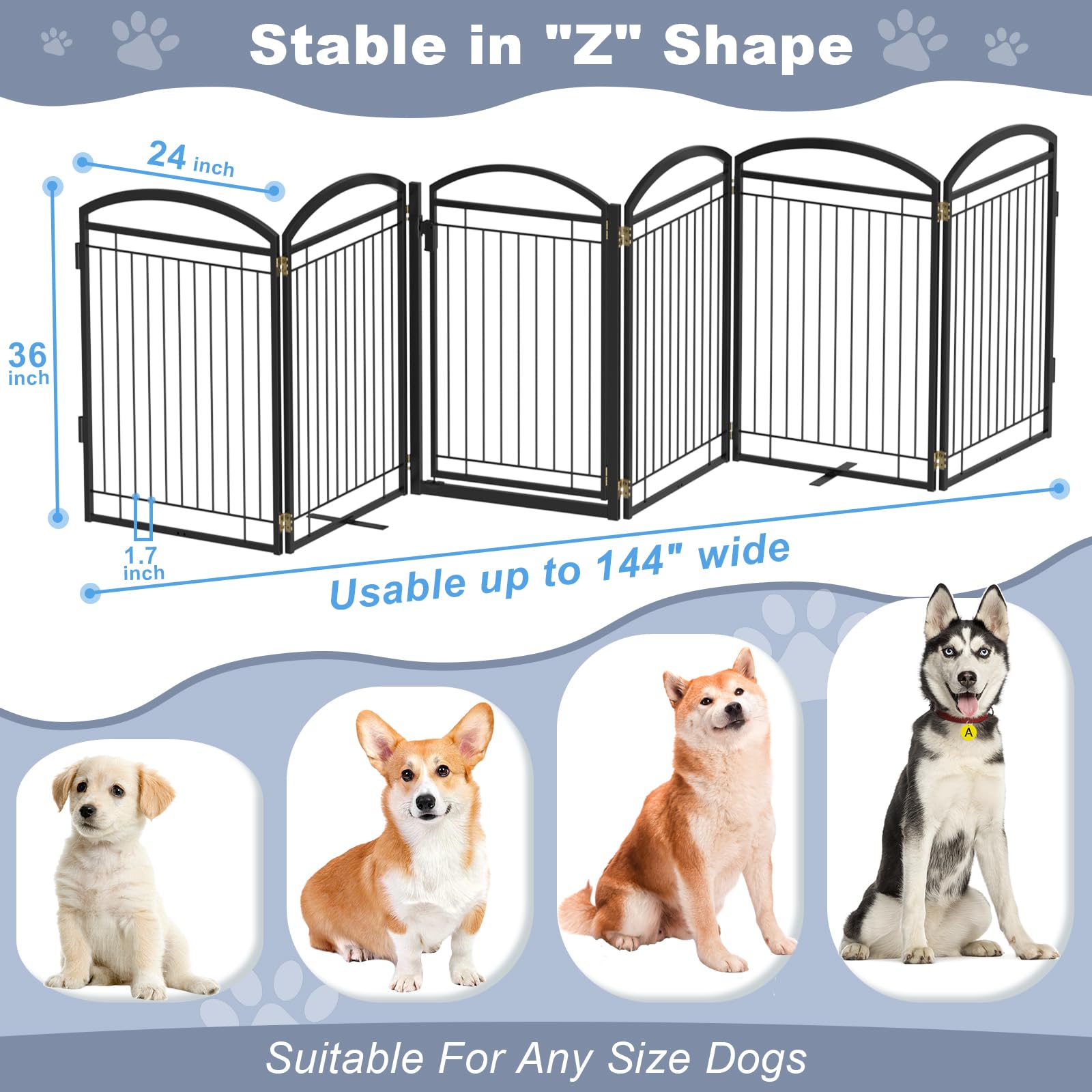 Paulmele six-panel gate can be arranged in a Z shape for wide openings.