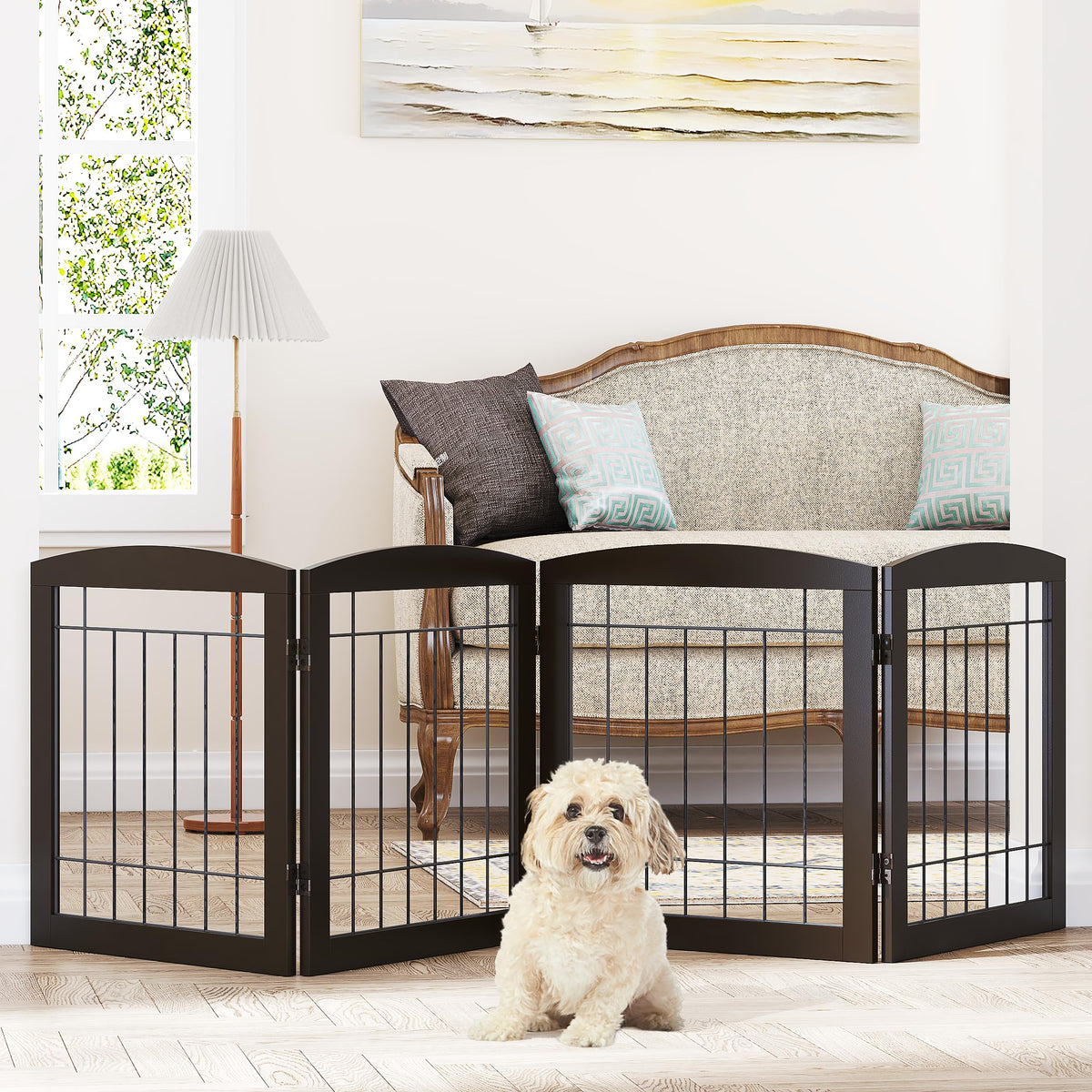 PAWLAND 4-panel dog gate unfolds through doorways for secure passages.