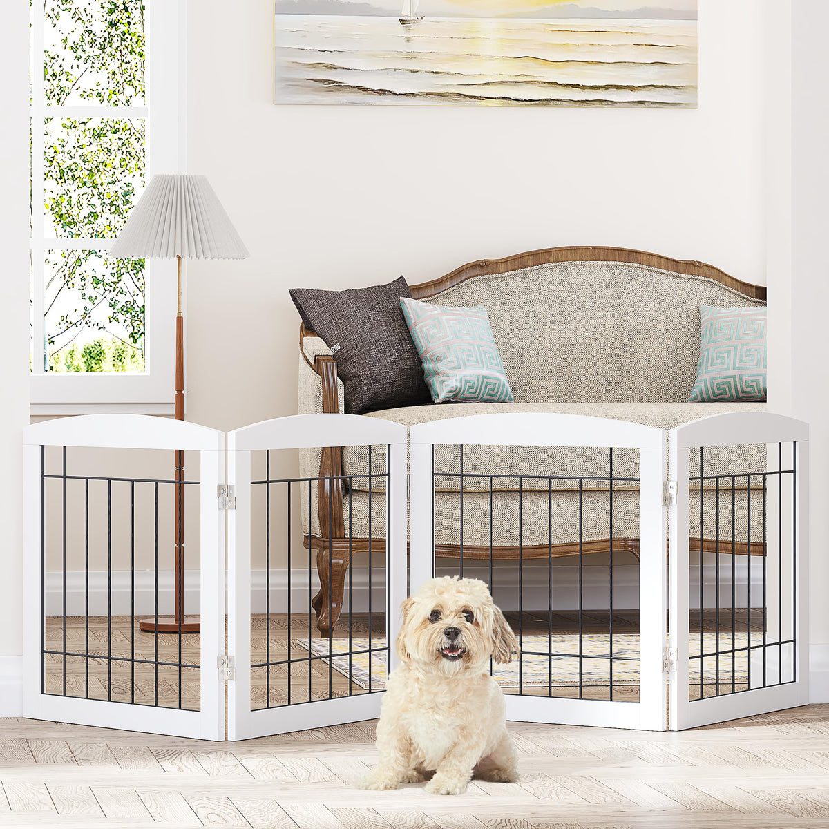 PAWLAND dog gate folded for hallway use, easy room separation and safety.