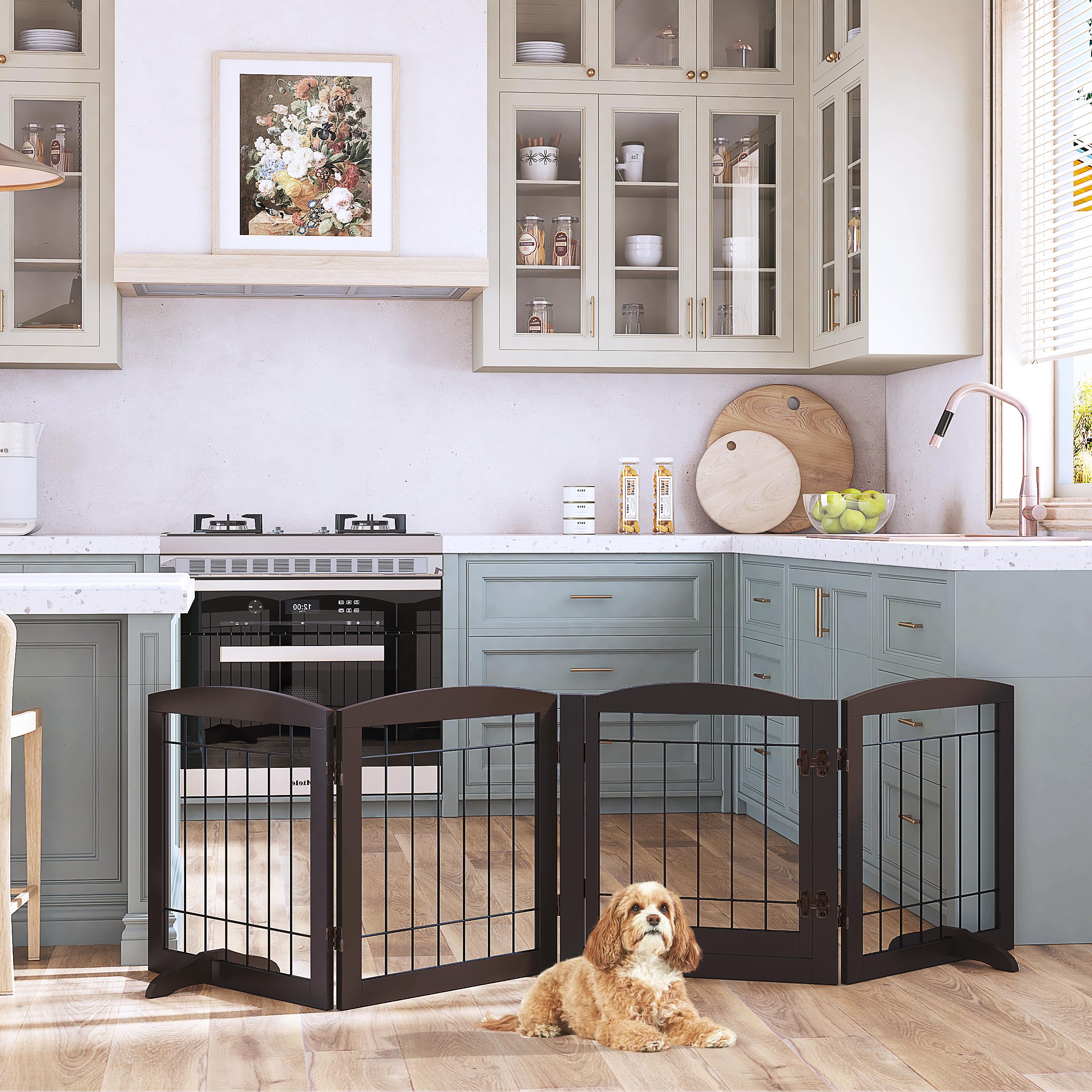 PAWLAND espresso four-panel gate highlights versatile, space-saving design