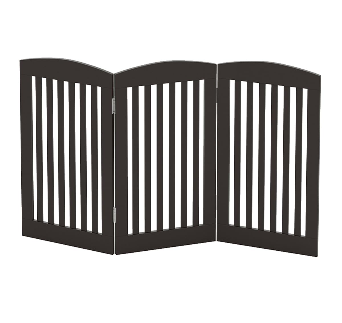 PAWLAND espresso-stained gate keeps pets away from stairs and doorways.