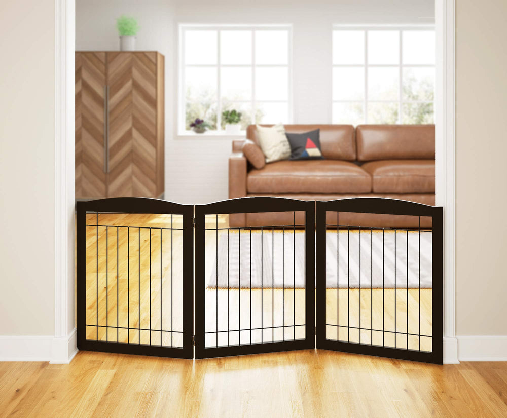 PAWLAND espresso wooden frame folding gate showing portable design