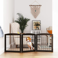 PAWLAND three-panel foldable gate in espresso, expands to fit hallways and stairways.