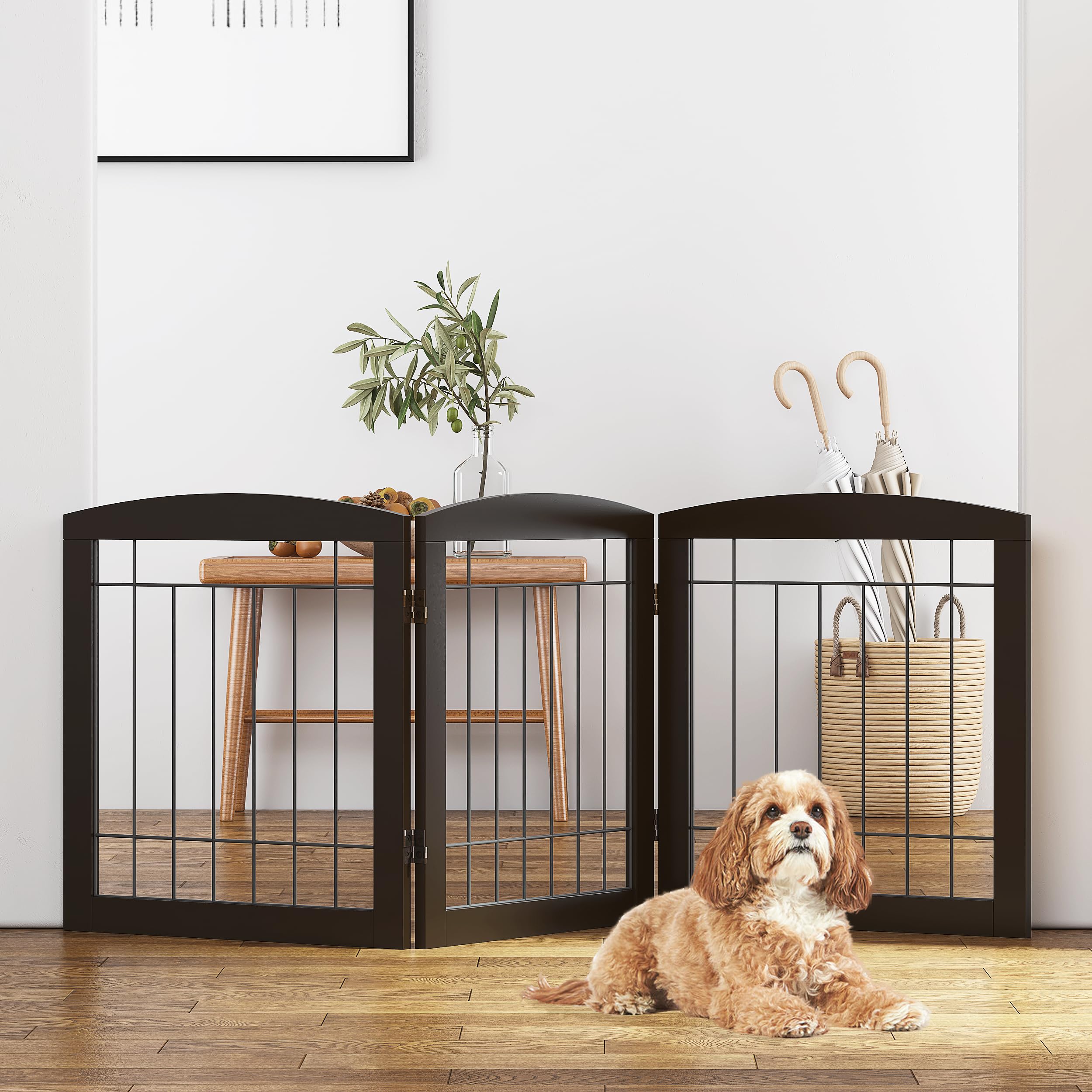 PAWLAND free standing dog gate in espresso, 60 inches wide, ideal for wide doorways.