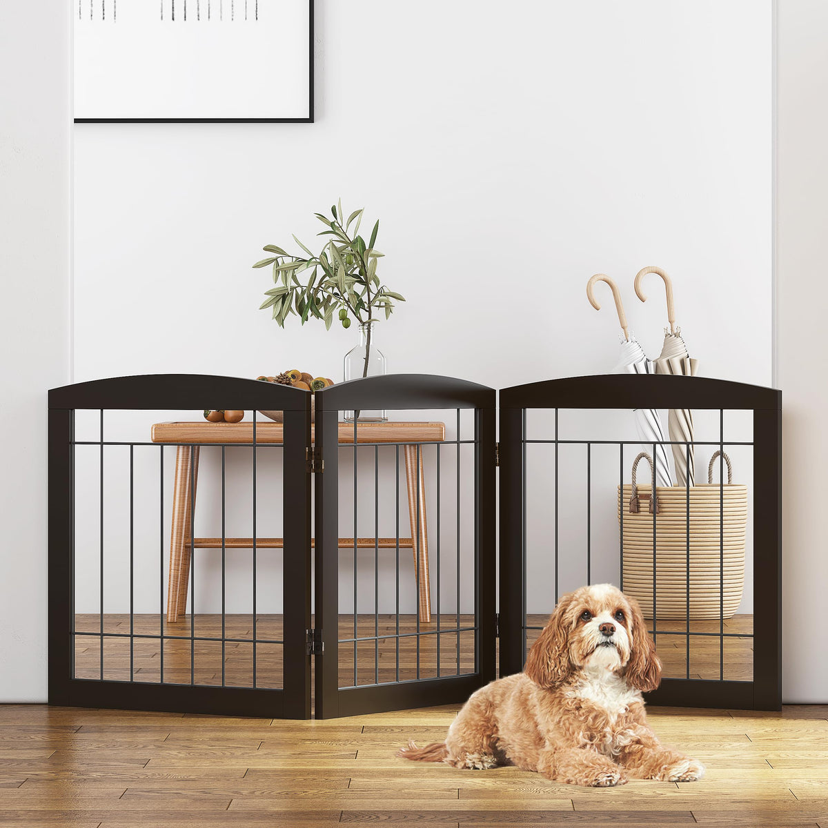 PAWLAND free standing dog gate in espresso, 60 inches wide, ideal for wide doorways.