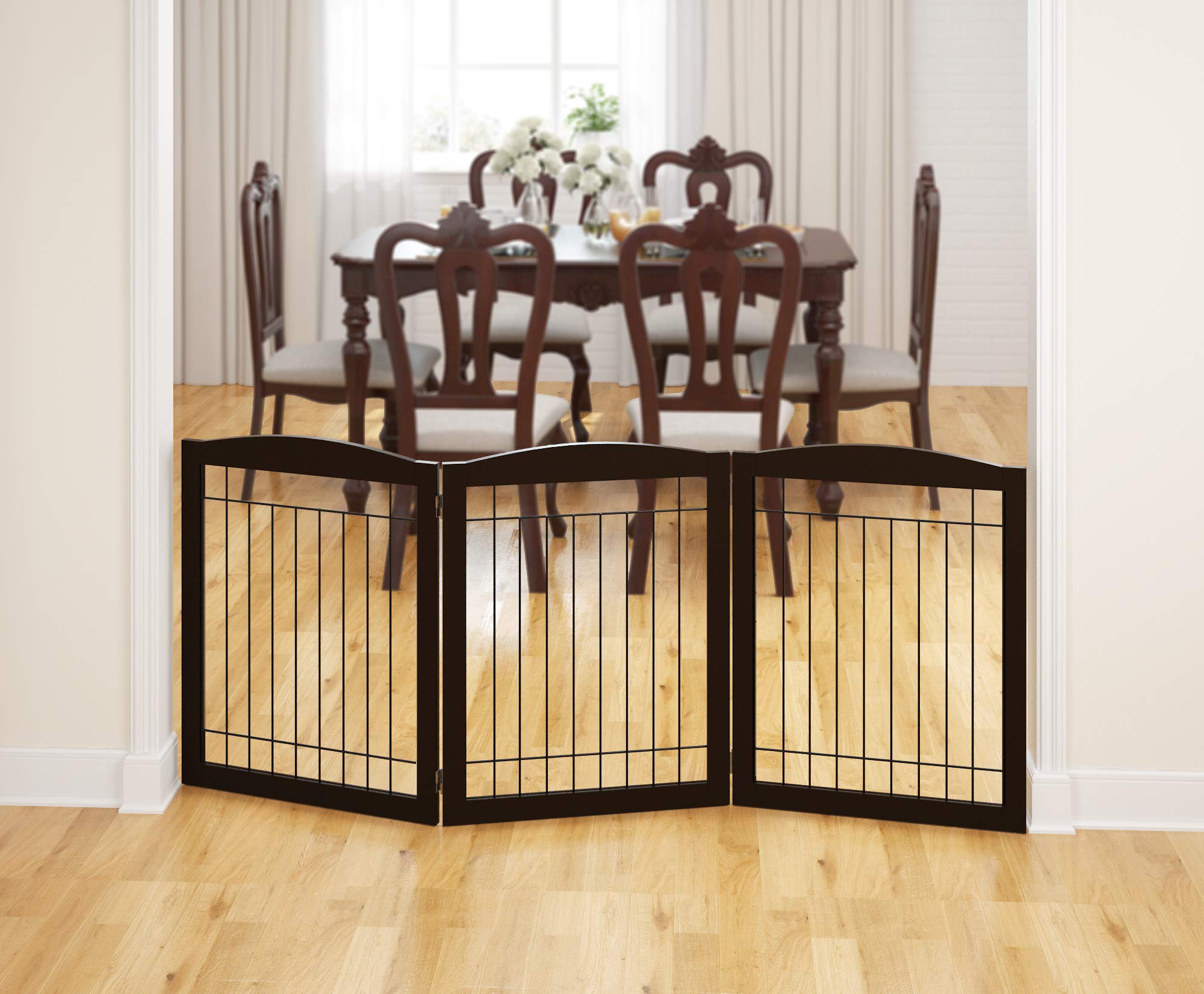 PAWLAND free-standing dog gate placed in hallway for versatile use