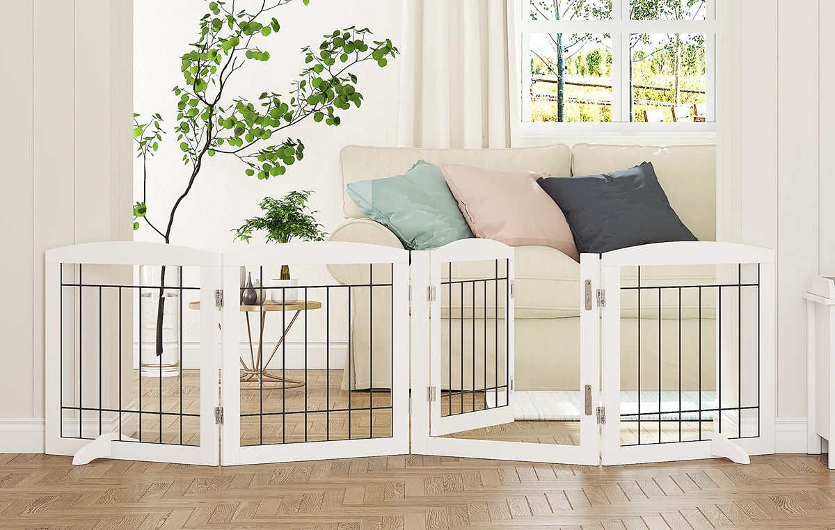 PAWLAND freestanding dog gate with walk-through door for easy room-to-room passage.