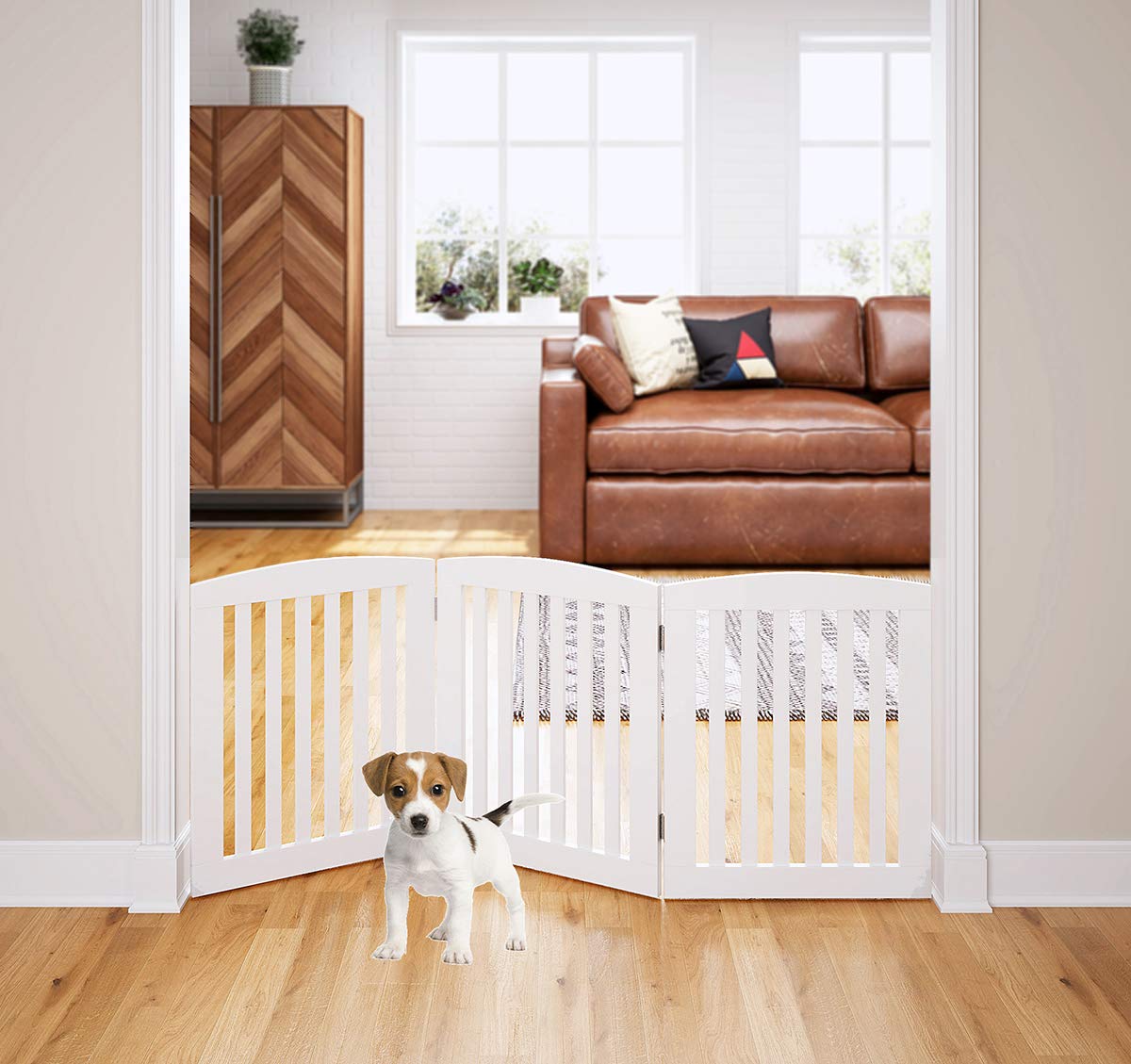 PAWLAND wooden dog gate in white finish expands for wide hallway use