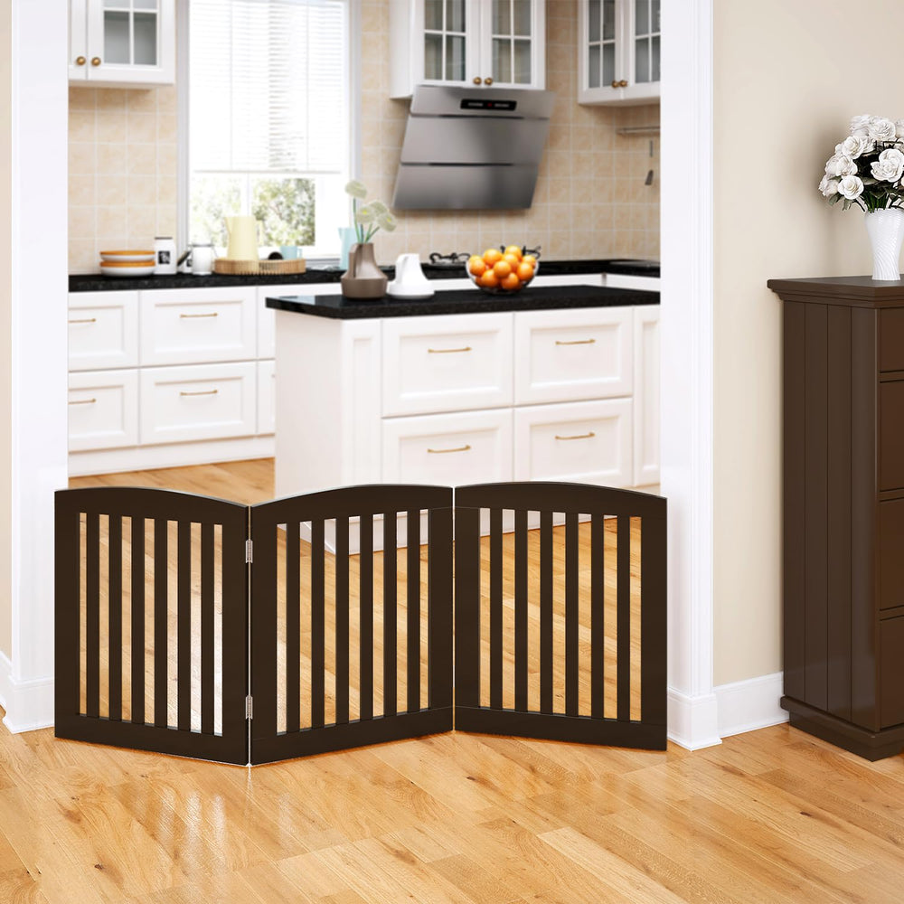 PAWLAND wooden freestanding dog gate with 3 panels in espresso, suitable for multi-room containment.