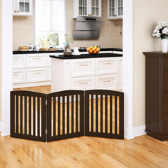 PAWLAND wooden freestanding dog gate with 3 panels in espresso, suitable for multi-room containment.