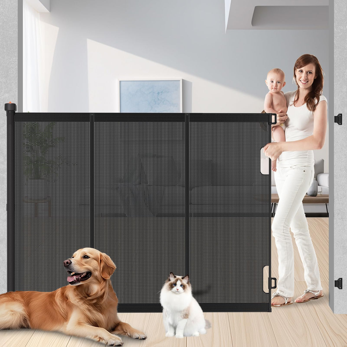 Pawtners 51-inch extra tall gate protecting doorway for jumpers.