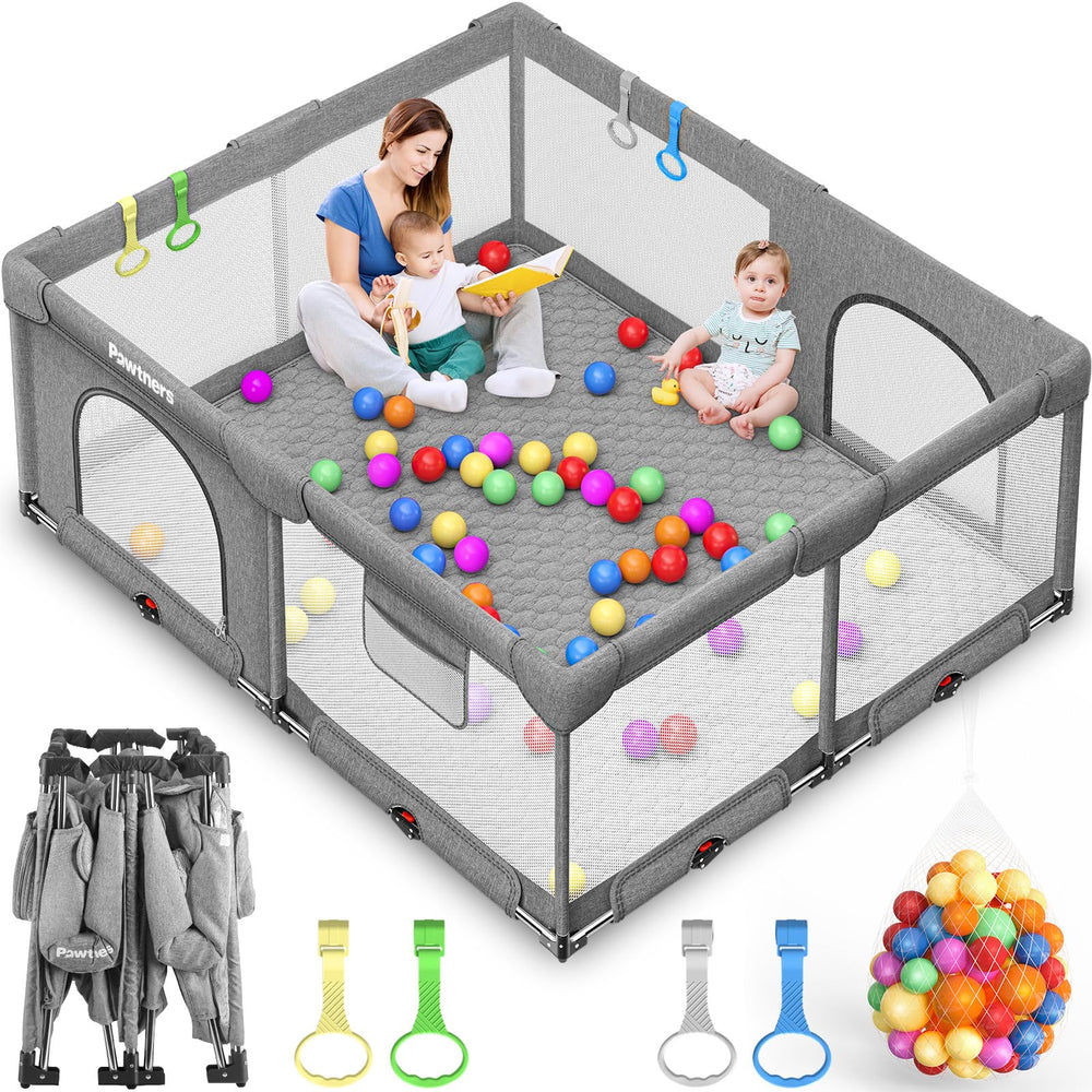 Pawtners foldable baby playpen assembly for quick, tool-free setup and easy storage.