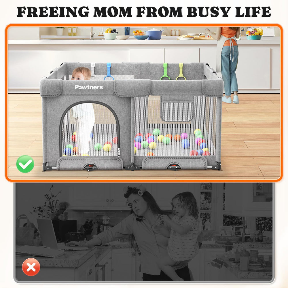 Pawtners Foldable Playpen includes ocean balls for added sensory play.