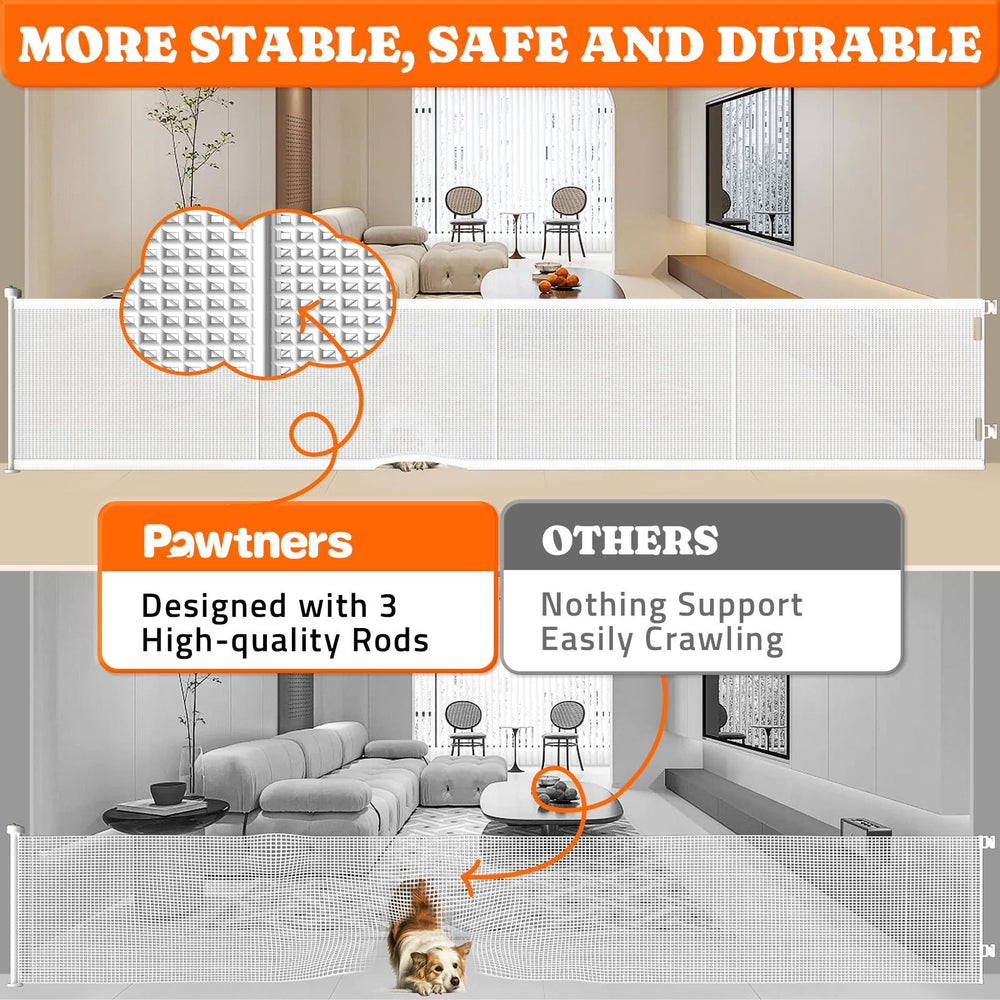 Pawtners gate on stairs with three support rods for stability