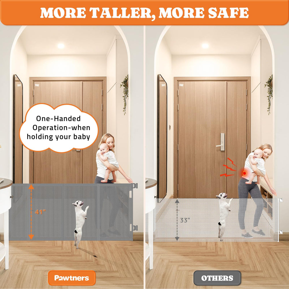 Pawtners Gate press-and-turn lock showcases one-handed operation and secure closure.