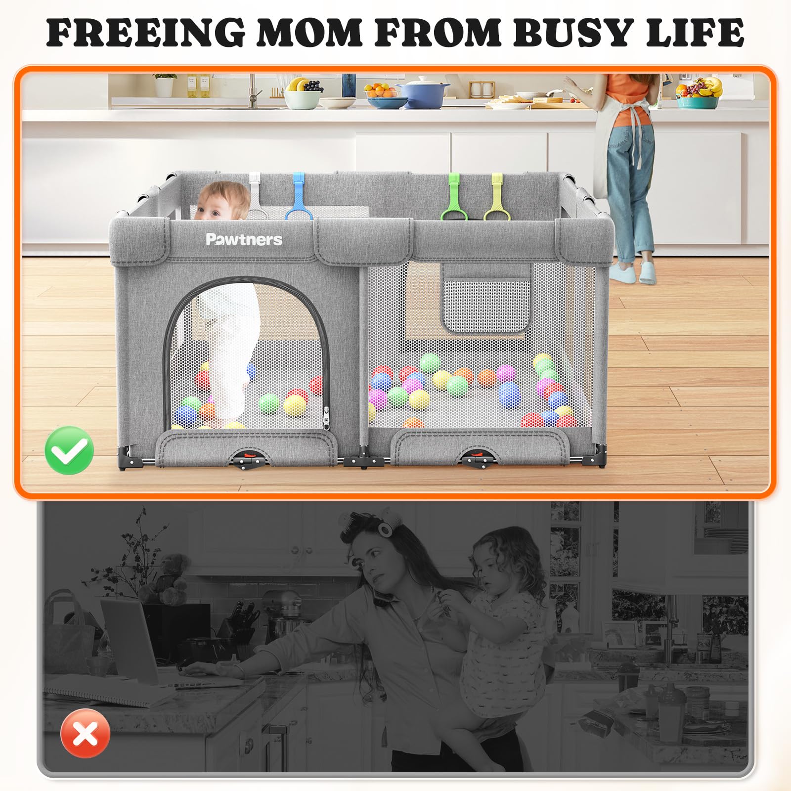 Pawtners indoor-outdoor playpen adapts to rooms, gardens, and beaches.