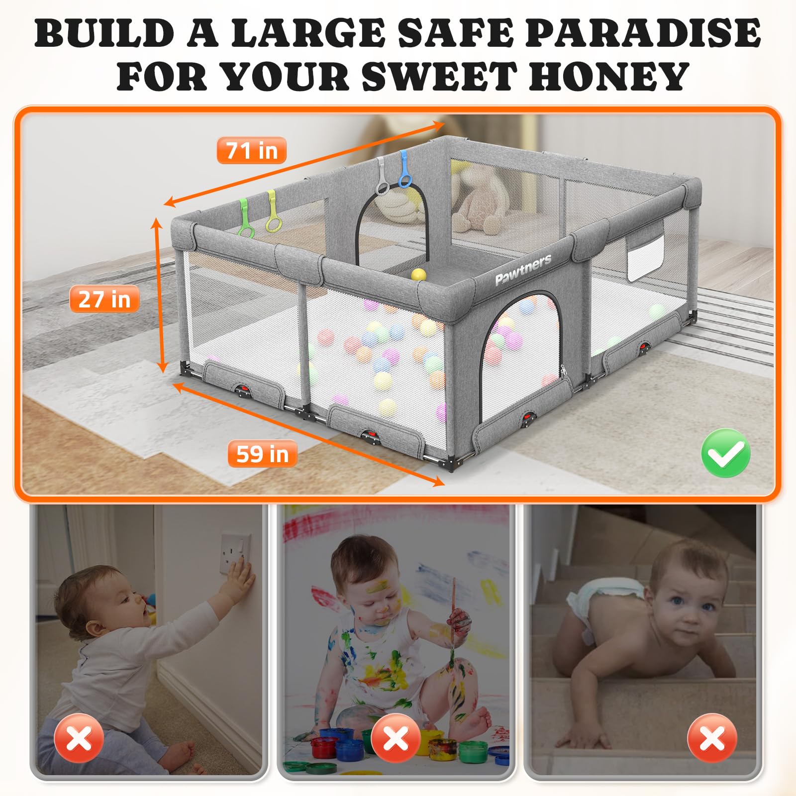 Pawtners playpen includes 50 ocean balls to spark sensory play.