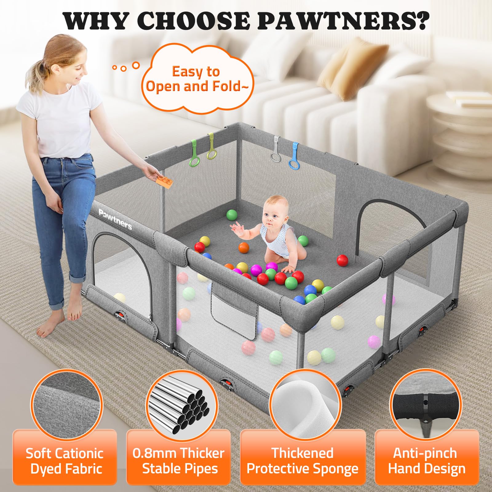Pawtners playpen with four handles for easy mobility and support.