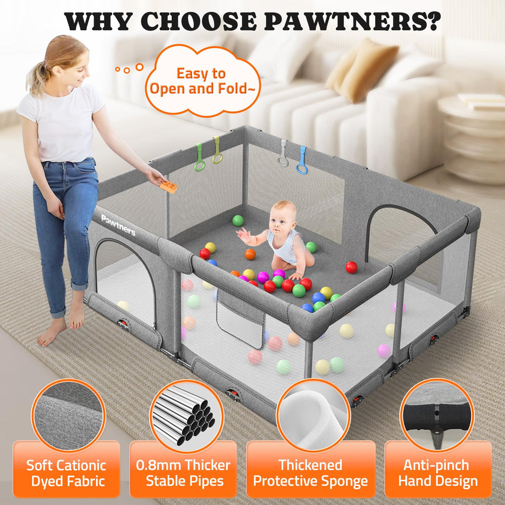 Pawtners playpen with four handles for easy mobility and support.