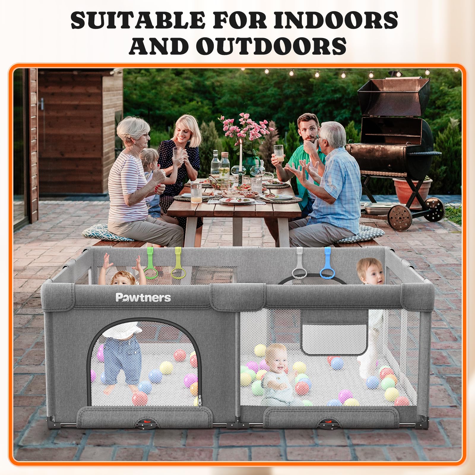 Pawtners portable baby gate design simplifies moving play space between rooms.