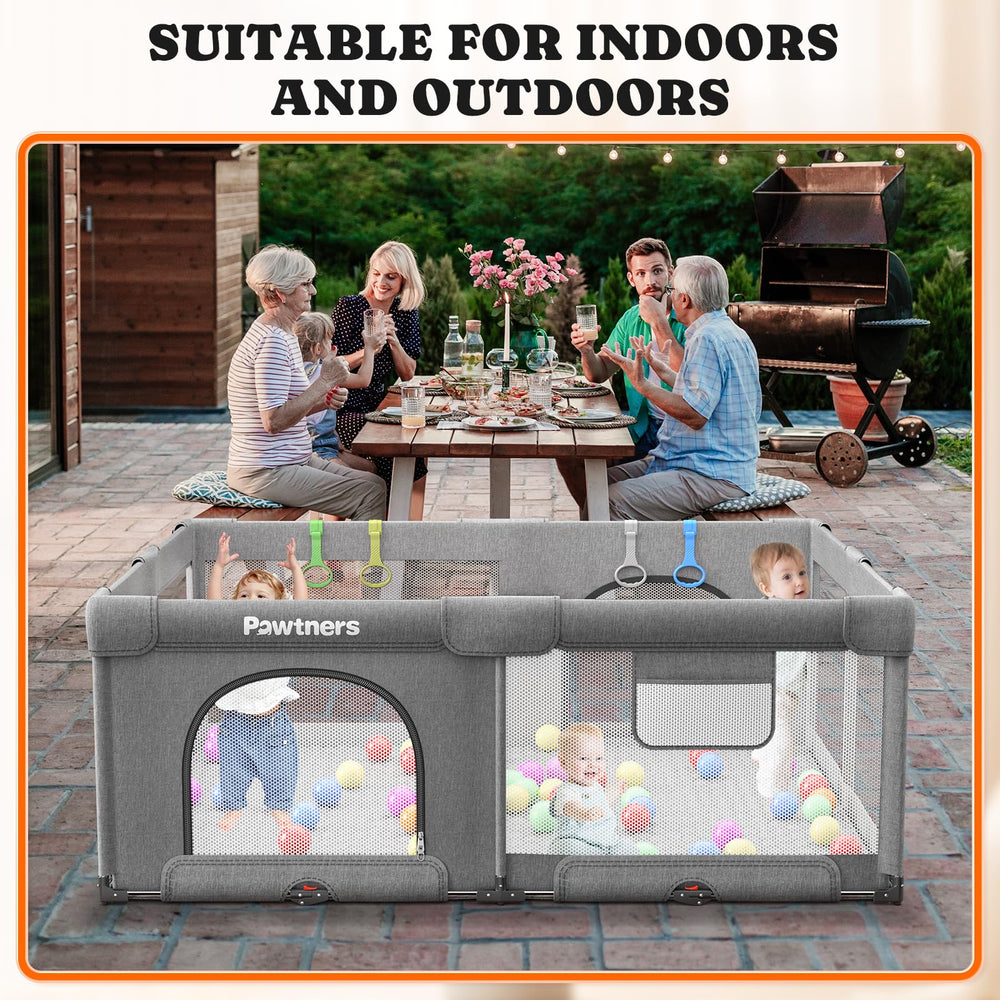 Pawtners portable baby gate design simplifies moving play space between rooms.