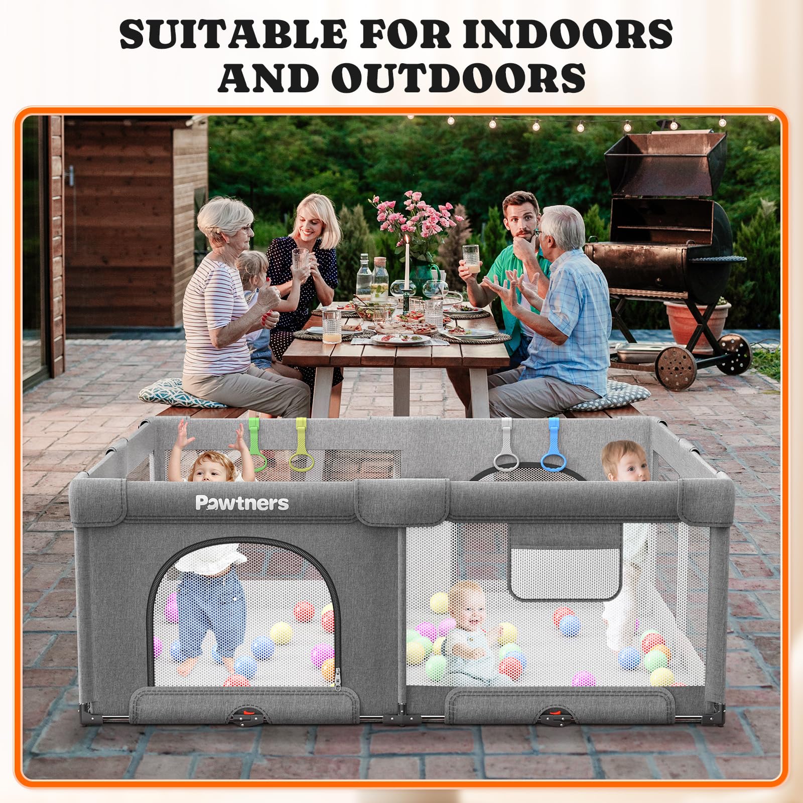 Pawtners portable play area that folds flat for storage and transport.