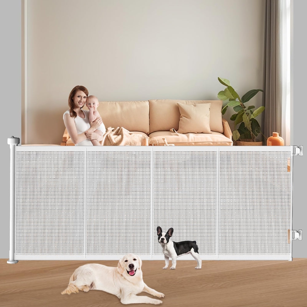Pawtners retractable gate extended to 71 inches for wide openings.