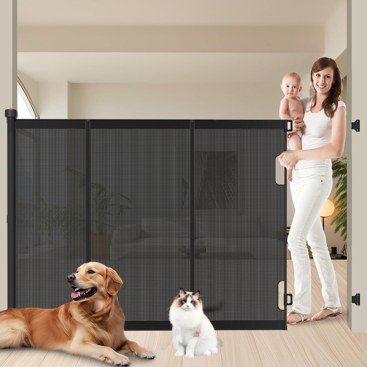 Pawtners retractable gate mesh fully retracted for a clean, space-saving setup