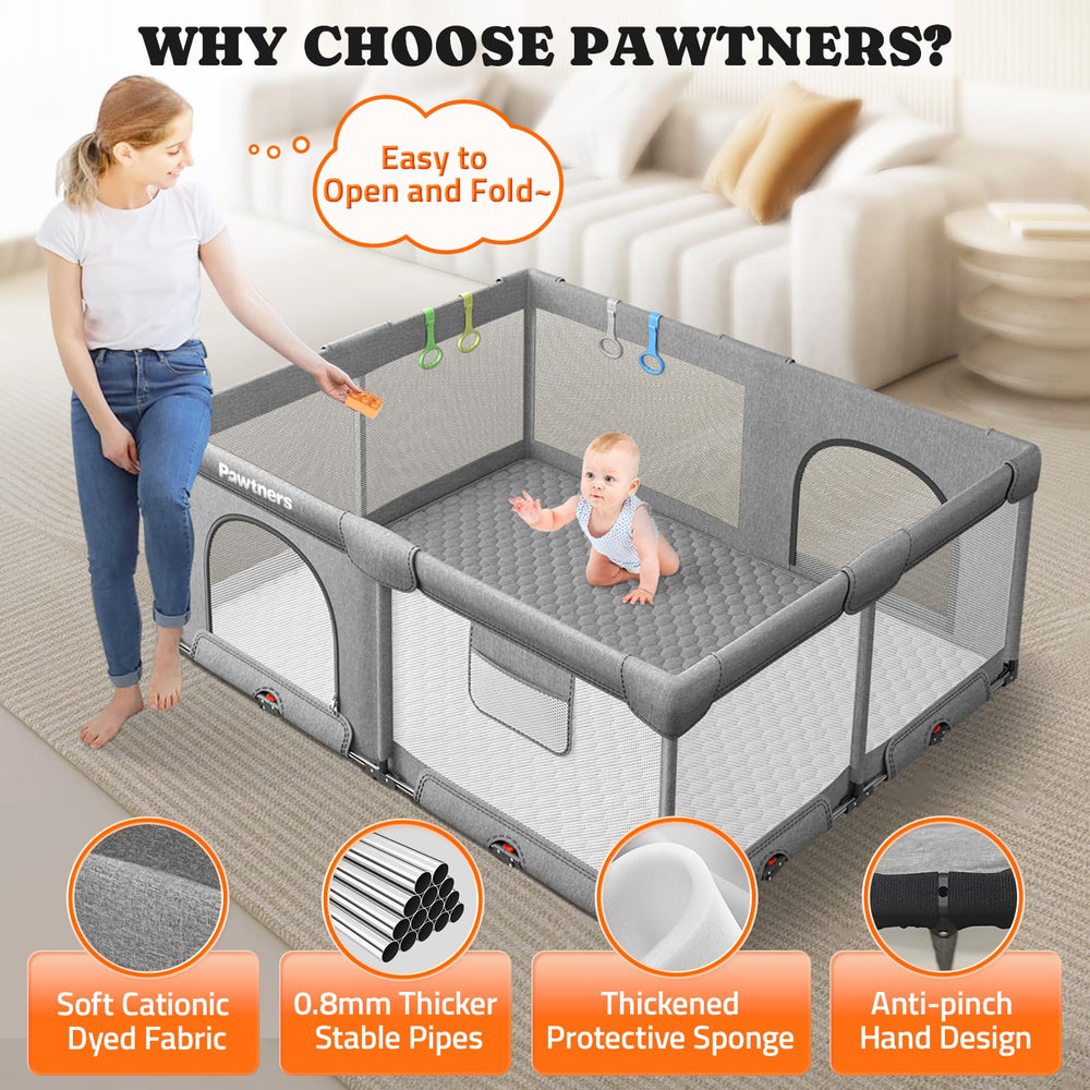 Pawtners safe play area with 4 handles supports stable movement inside the pen.